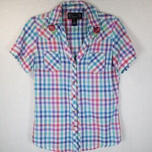 Shyanne Womens Plaid Western Snap Shirt Floral Embroidered Short Sleeve Medium